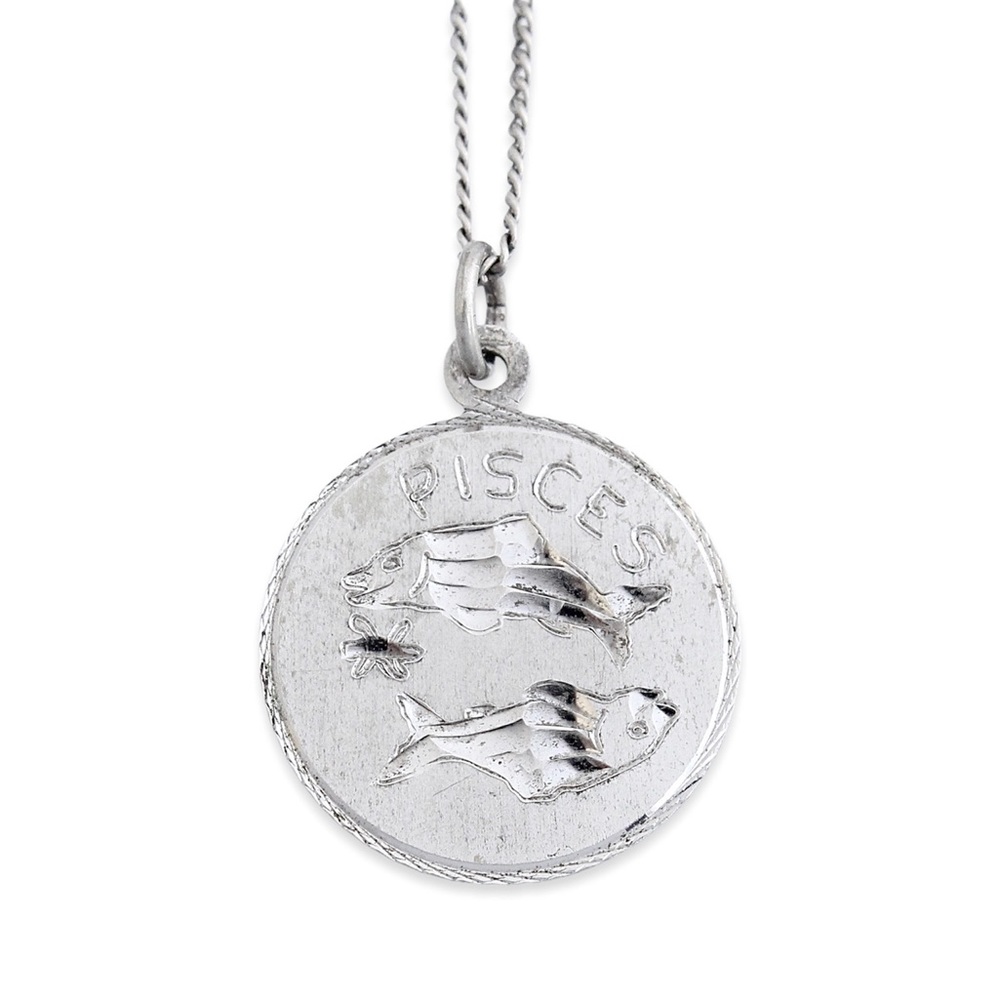 Vintage Pisces Sterling Silver Pendant Necklace Round Coin Medallion Zodiac 18”
